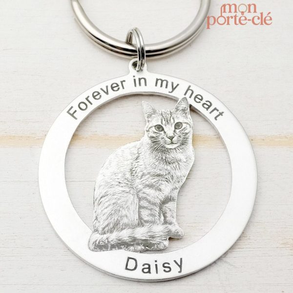 Porte-clé chat gravé, design élégant