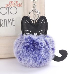 Porte-clé chat pompon en peluche douce