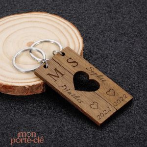 Porte-clé couple en bois, accessoire romantique