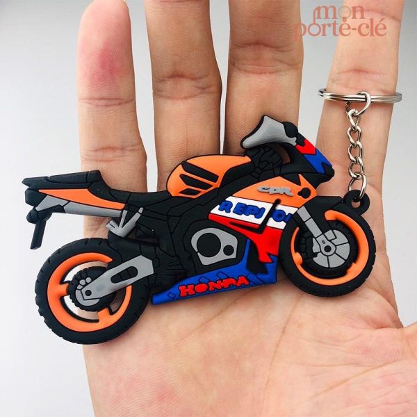 Porte-clé moto décoratif en orange et bleu, design sportif