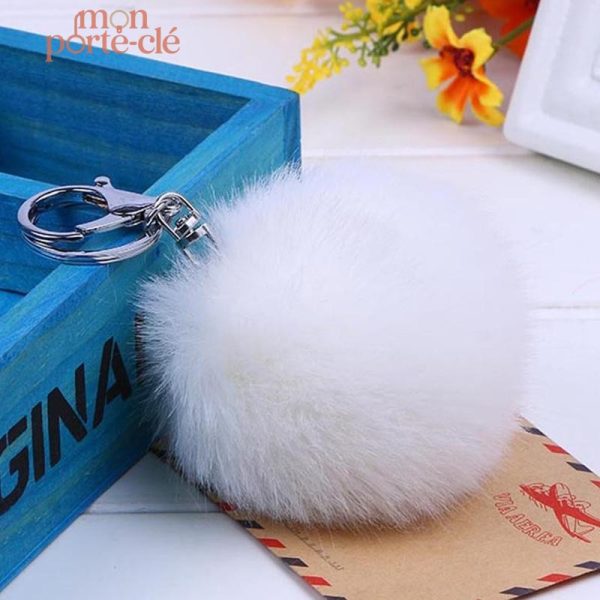 Porte-clé pompon en cuir blanc