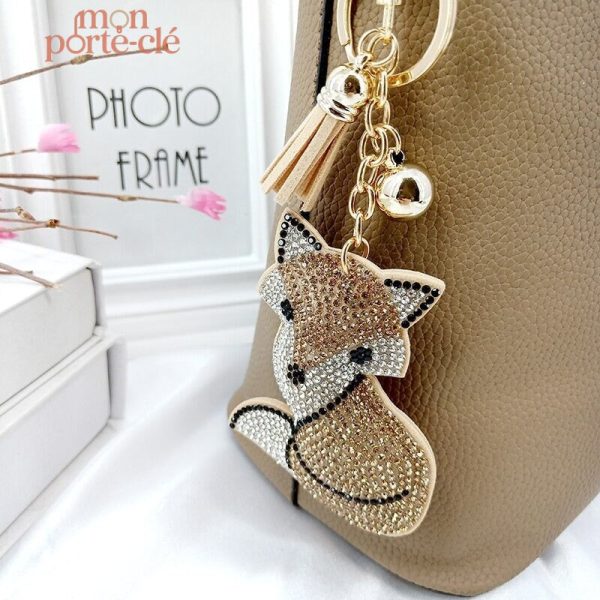 Porte-clé en forme de renard avec strass scintillants