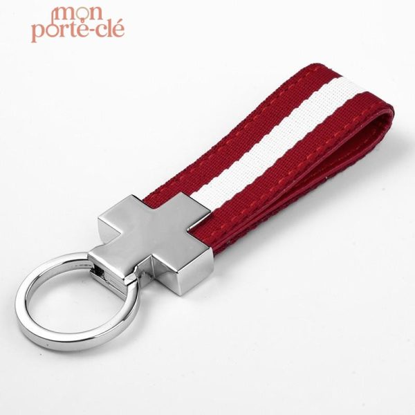Porte-clé homme en acier avec lanière rouge